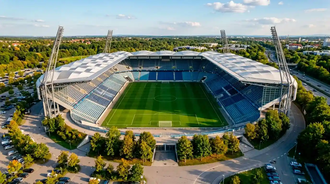 Leeres Bundesliga-Stadion aus der Vogelperspektive mit gepflegtem Rasen und Werbebranden
