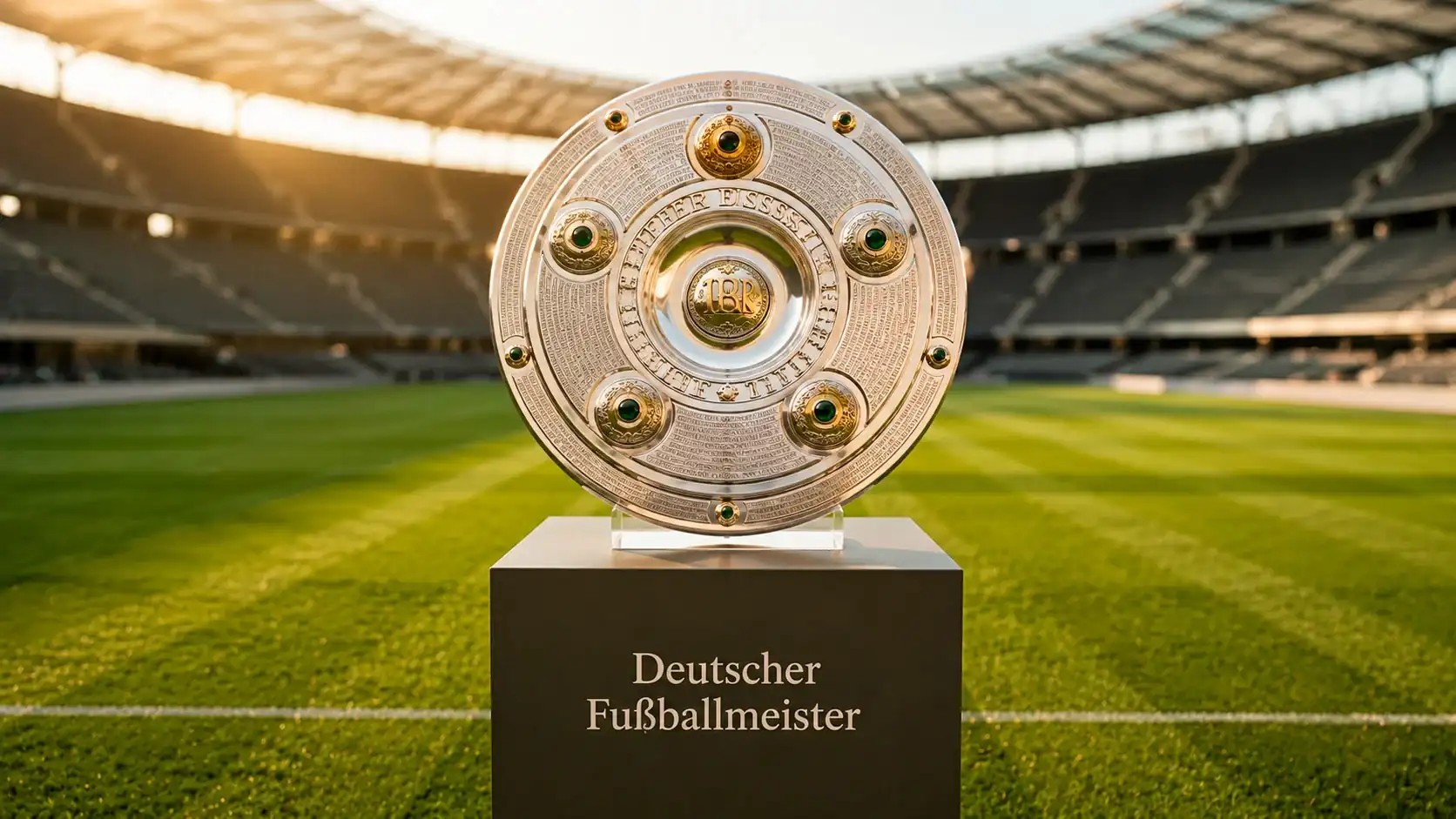 Bundesliga-Meisterschale auf einem Podest im Stadion mit Rasenfeld im Hintergrund