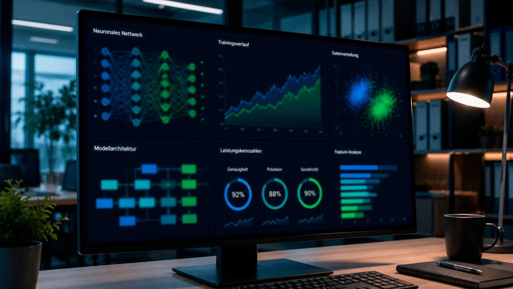Computerbildschirm mit Datenvisualisierung und Algorithmus-Grafiken in einem Büro
